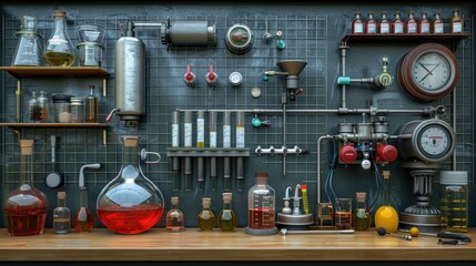 science lab background with beakers and test tubes, a microscope icon on a lab bench, a science experiment concept banner design