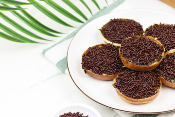 Martabak manis mini or apam balik, popular traditional pancake from Indonesia or Malaysia. Served with popular topping such as peanut, chocolate sprinkle or cheese. 