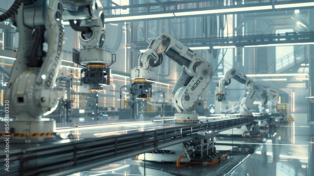 Leinwandbilder a modern, high-tech manufacturing plant showcasing robotic arms and automated systems controlled by 