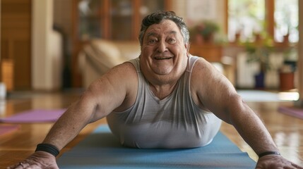 senior man caucasian with dark hair smiling practicing yoga