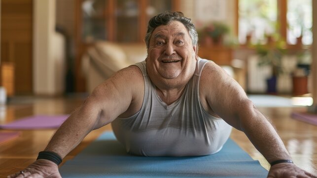 senior man caucasian with dark hair smiling practicing yoga