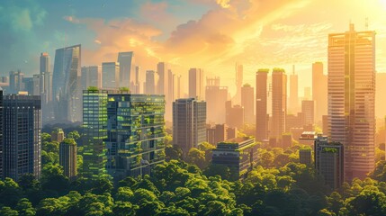 Obraz premium A vibrant urban cityscape with innovative solar-powered buildings and infrastructure, with clear areas for text and graphics emphasizing the benefits of residing in an environmentally friendly manner