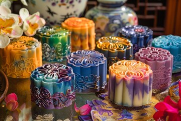 Traditional mooncakes with intricate designs and vibrant colors, symbolizing the Mid-Autumn Festival, a popular Asian celebration