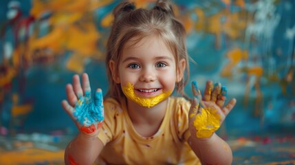 portrait of a cute Caucasian girl 7-8 years old with her hands and face stained with multi-colored paints. The child draws on the walls and on the table. children's fun creativity drawing