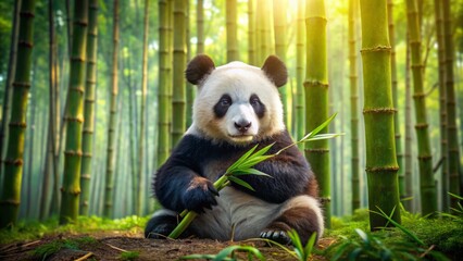 Obraz premium Adorable giant panda bear sits solitary in lush green bamboo forest surroundings, tenderly grasping bamboo shoots with tiny paws, exuding innocence.
