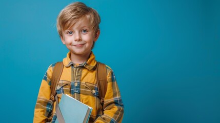 portrait of a handsome Caucasian schoolboy 8-10 years old with a school bag on his shoulders and books in his hands, studio shooting blue background. copyspace on the right