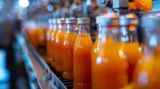 juice bottling production line, conveyor line with juice bottles. finished products at a juice factory