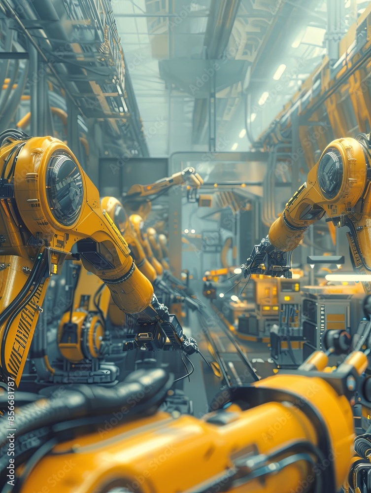 Aufkleber A futuristic factory with robotic arms and automated systems working efficiently on an assembly line. Generative AI