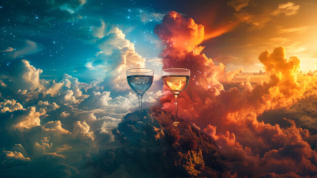 Eternal Goblet, overflow with infinite elixir Placed upon a mountaintop, surrounded by swirling clouds Photography, capturing silhouette lighting and a hint of golden hue