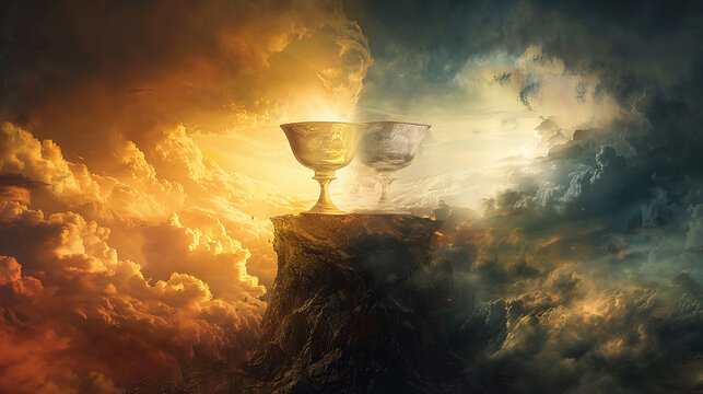 Eternal Goblet, overflow with infinite elixir Placed upon a mountaintop, surrounded by swirling clouds Photography, capturing silhouette lighting and a hint of golden hue