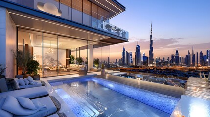 Modern luxury architecture in Dubai, 3d render stylish penthouse apartment with a large balcony and swimming pool, scenic of city skyline with skyscrapers at sunset, landmark iconic tower background.
