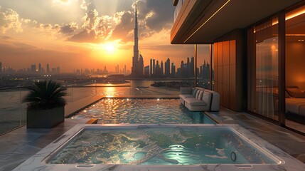 Modern luxury architecture in Dubai, 3d render stylish penthouse apartment with a large balcony and swimming pool, scenic of city skyline with skyscrapers at sunset, landmark iconic tower background.