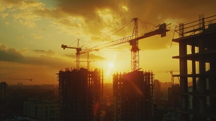 A building under construction, a crane and construction site at sunset, an industrial development in the distance