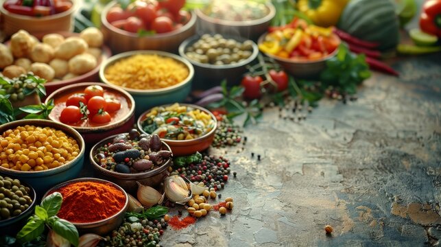 Food and Drink International Flavors: A 3D copy space background featuring a diverse range of international flavors