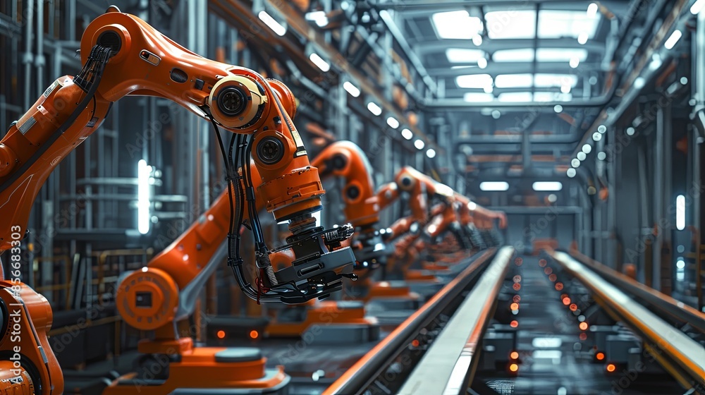 Leinwandbilder A row of robotic arms, controlled by AI, work seamlessly in a modern manufacturing plant, showcasing efficient and automated production processes. Generative AI