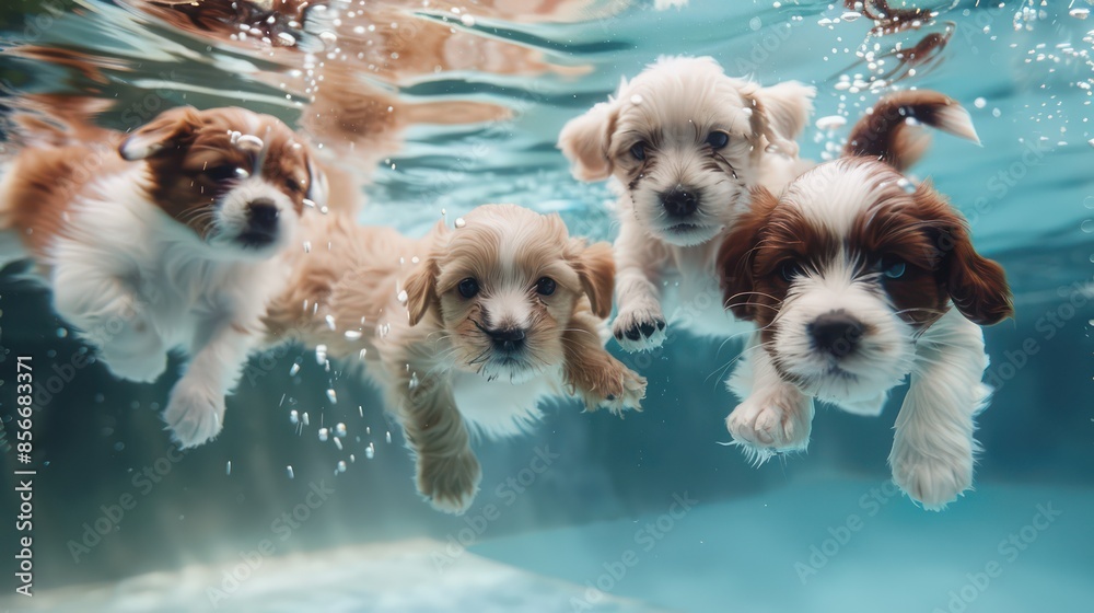 Wall mural In this funny underwater picture, puppies are in the swimming pool playing a deep dive action training game with family pets and other popular breeds of dogs during summer holidays.