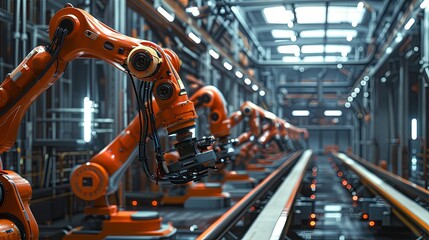 A row of robotic arms, controlled by AI, work seamlessly in a modern manufacturing plant, showcasing efficient and automated production processes. Generative AI