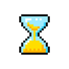 Hourglass, pixel item for game interface. Time game element. Hourglass, 8 bit resource.