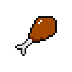 Obraz premium Chicken leg, pixel item for game interface. Chicken leg magic game element. Chicken leg, 8 bit resource.