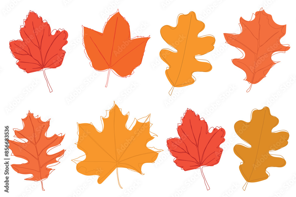 Wall mural set of bright autumn leaves drawn in a continuous line. autumn leaf in one line style. flower sketch
