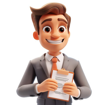 3d cartoon illustration of angled view close up shot of a male insurance agent holding an insurance policy, smiling, looking at camera isolated on a white transparent background