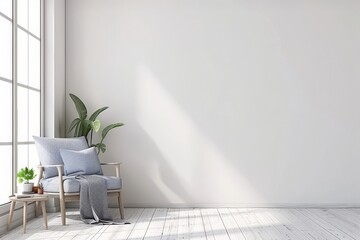 Fototapeta premium Scandinavian Style Home Design - Minimalist Interior with Gray Armchair, Blue Pillow, Soft Blanket, Pot with Plant