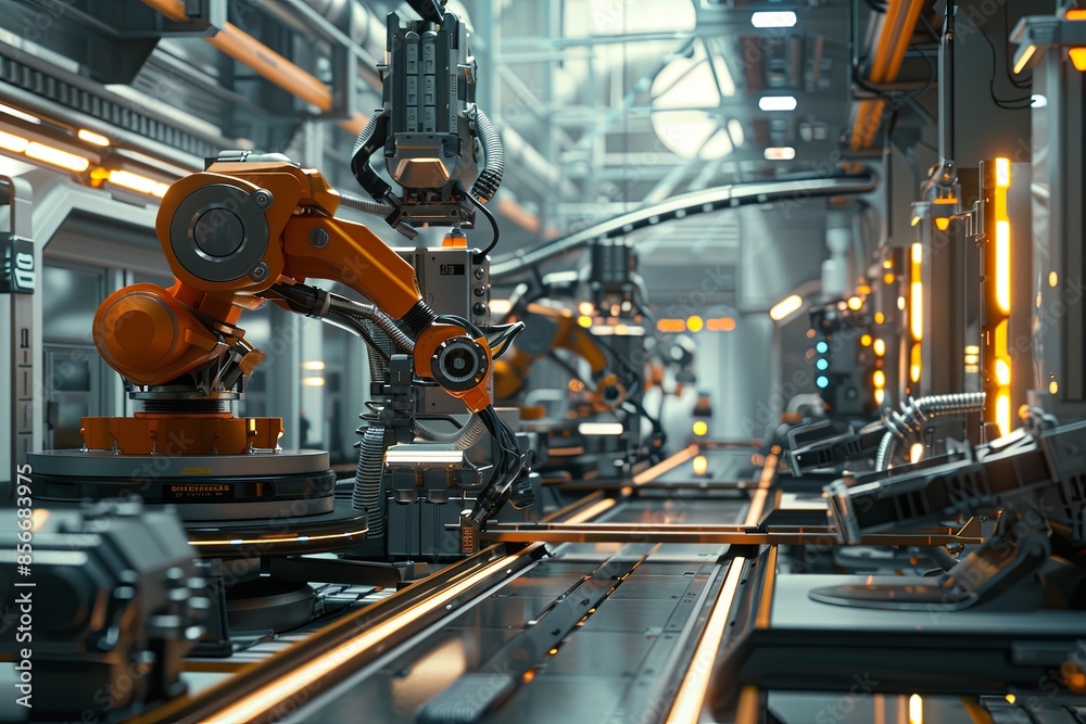Poster a futuristic manufacturing plant showcasing advanced robotics and automated systems controlled by ai