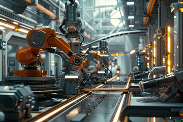 A futuristic manufacturing plant showcasing advanced robotics and automated systems controlled by AI, optimizing production processes. Generative AI