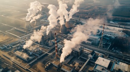 a large factory with smoking chimneys that poison the environment, top view. concept of unfavorable ecology near a large plant