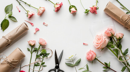 Beautiful Florist Workspace with Pink Flowers and Shears on White Background - Floral Arrangement Concept for Botanical Gardening and Creative Design Projects