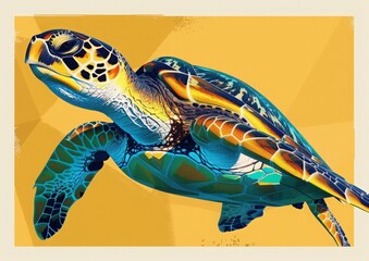 Fototapeta premium Colorful, polygonal illustration of a sea turtle swimming in a tropical ocean