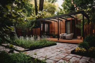 Tranquil garden with a modern wooden house, lush greenery, and a cozy seating area, creating a peaceful outdoor retreat. Concept of nature, relaxation, outdoor living, and tranquility.
