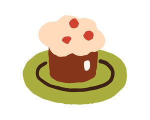 Cupcake with whipped cream on top. Chocolate cup cake, sweet dessert on plate. Choco muffin, pastry treat with frosting. Yummy patisserie. Flat vector illustration isolated on white background