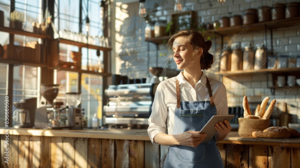 Poster the barista in cozy cafe