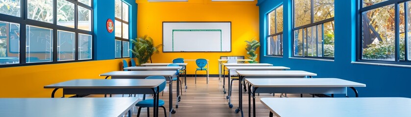 Fototapeta premium Bright and colorful classroom with empty chairs and desks.
