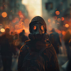 Protestor, wearing a gas mask, standing resilient in a chaotic city square, symbolizing resistance...