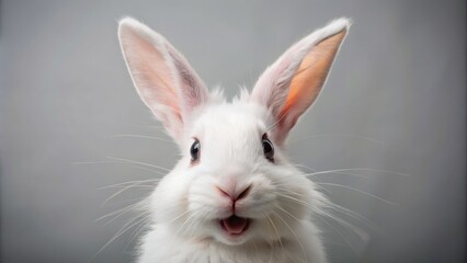 Obraz premium Adorable white rabbit with bright eyes and twitching whiskers laughs and smiles, showcasing its fluffy fur and cute ears, set against a clean isolated background.