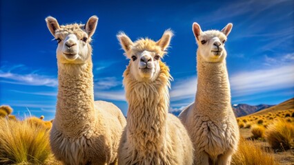 Three serene alpacas with soft fur, varying sizes, and curious gazes, standing together, harmoniously enjoying clear blue sky on a tranquil andean landscape.