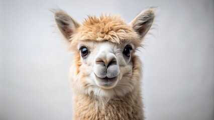 Obraz premium Adorable alpaca flashes a charming smile directly at camera, showcasing soft fur and endearing expression in a studio setting on a white background.