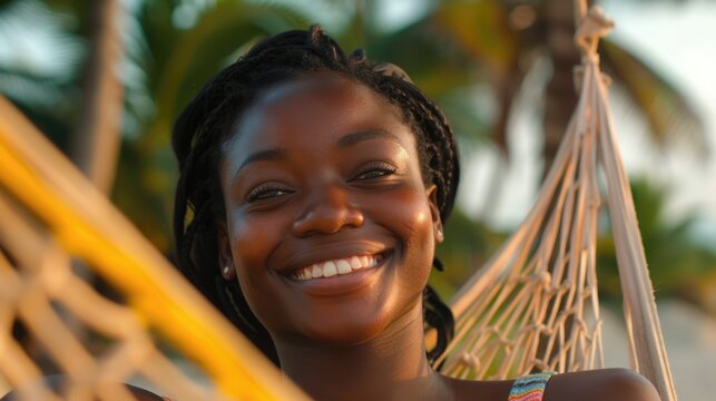 a close-up a young smiling african, american woman relax in hammock on beach - Powered by Adobe