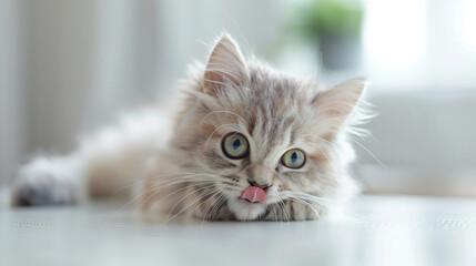 Funny large longhair gray kitten with beautiful big green eyes lying on a white table. The lovely fluffy cat is licking its lips. Captured in a serene indoor setting.