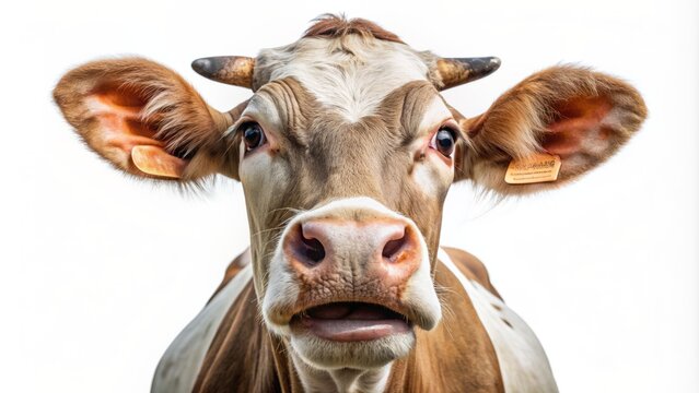 Adorable surprised cow with goofy facial expression mooing directly at camera, isolated on pure white background, showcasing comedic and endearing animal portrait.