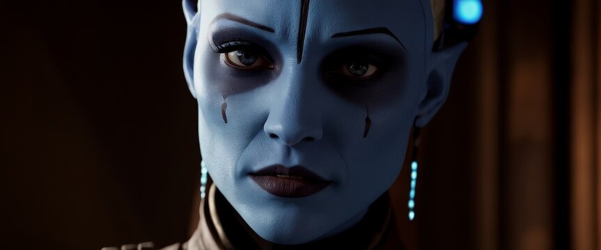 cinematic close-up of a Twilek Jedi Consular tears