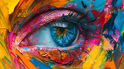 Handmad conceptual abstract picture of the eye. Oil female portrait painting. Painting in colorful colors.