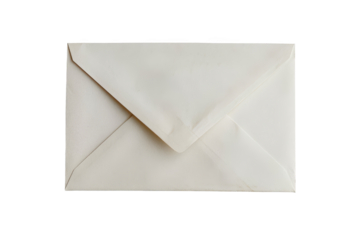 Close-up of a sealed, plain white envelope isolated on a white background, perfect for business or personal mailings.