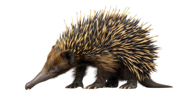 Close-up of a spiny echidna isolated on a white background, showcasing its unique spikes and elongated snout.