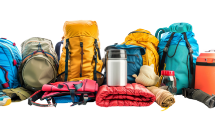 Colorful camping gear and backpacks arranged together. Includes sleeping bags, thermos, and other equipment. Perfect for outdoor adventure themes.