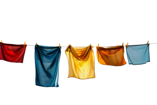 Colorful clothes hanging on a clothesline against a white background, showcasing a vibrant and lively atmosphere.