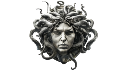Detailed sculpture of Medusa's head with snake hair in a monochrome style, conveying mythology and ancient art aesthetics.