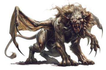 Fierce mythical creature with lion's body, bat-like wings, and sharp claws. Perfect for fantasy and horror themes in art and storytelling.